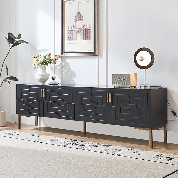78'' Modern TV Stand with Gold Iron Legs, 4-Door Black TV Table with Shelves, Mid Century Media Console Table for TVs Up to 80''