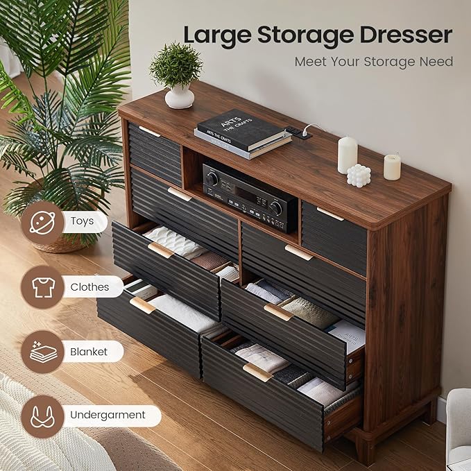 AOGLLATI Black Dresser for Bedroom with Slanted Louvre Design,Retro Chest of Drawers with Charging Station, Wooden Led Wide Tall 8 Drawer Dresser for Bedroom,Living Room, Hallway, Black & Brown