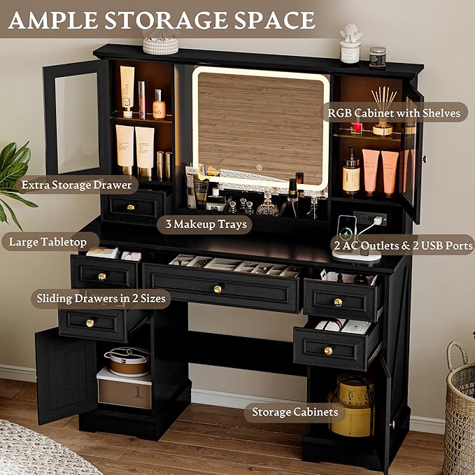 Vanity Desk with HD Lighted Mirror & Power Outlet, Farmhouse Makeup Vanity Table Set with Storage Drawers & RGB Cabinets, Large Dressing Table with 3 Lighting Modes for Women Girls Kids Bedroom, Black