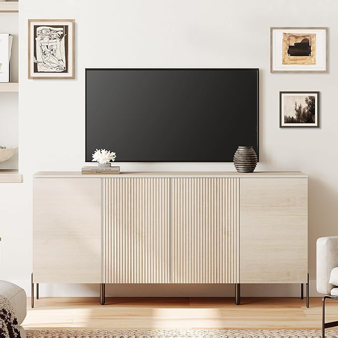 WAMPAT 61.6" TV Stand Cabinets for TVs up to 75 Inches, Entertainment Center with Storage Cabinets and 4 Doors, Mid Century Modern Media TV Console Table for Living Room Bedroom,Beige