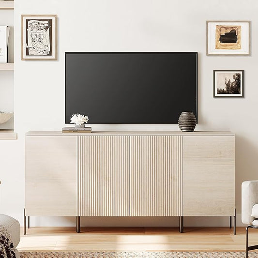 WAMPAT 61.6" TV Stand Cabinets for TVs up to 75 Inches, Entertainment Center with Storage Cabinets and 4 Doors, Mid Century Modern Media TV Console Table for Living Room Bedroom,Beige