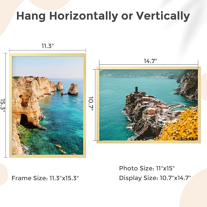 11x15 Metal Picture Frame - Gold Aluminum Picture Frames with Real Glass, Wall Mounting Horizontally or Vertically, Simple and Elegant Decor for Wall Gallery Poster Photo 15x11 Frame, Gold