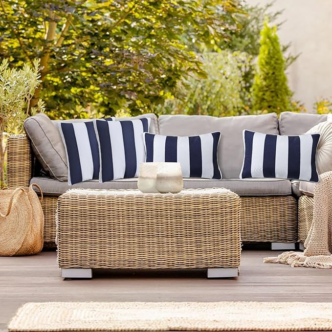 JMGBird Outdoor Lumbar Pillows, Waterproof Throw Pillows with Insert, Pack of 2, 12×20 Inch- Add a Pop of Color Outdoors (Blue and White)