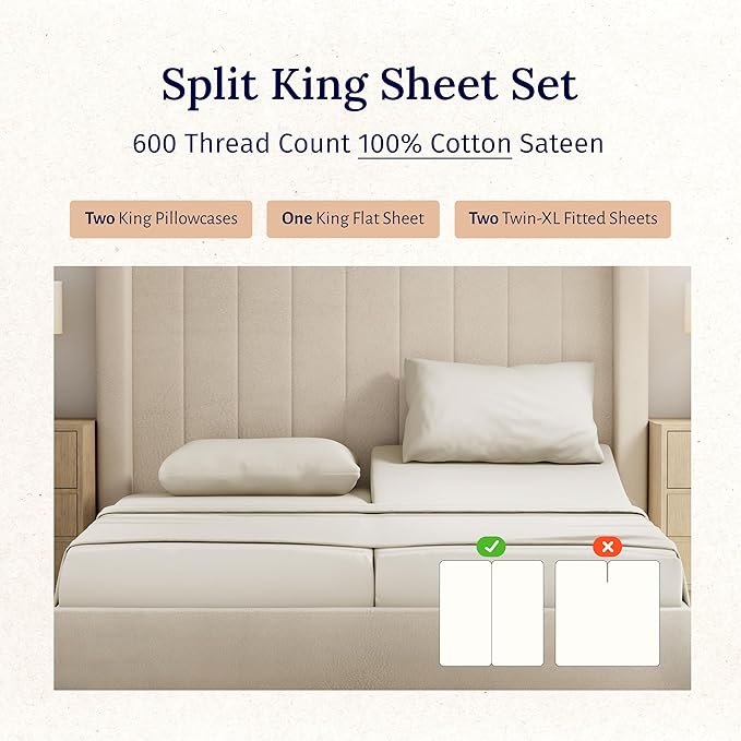 California Design Den Split King Sheet Set - 100% Cotton, 600 Thread Count, Breathable Luxury King Size Sheets for Adjustable Bed, Luxury Soft Hotel-Quality Sheets with Sateen Weave - Creamy Beige