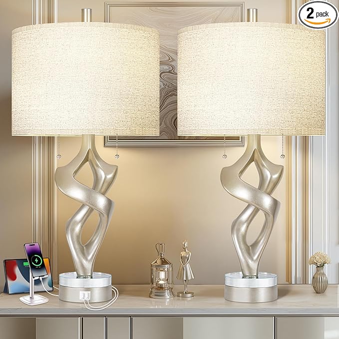 Scenekoy Sculptural Resin Table Lamp Set of 2 with USB Ports for Bedroom Living Room, 26” Antique Silver Leaf Dual Pull Chains Bedside Lamps, Nightstand Lamp for Home Room Decor (Bulbs Included)
