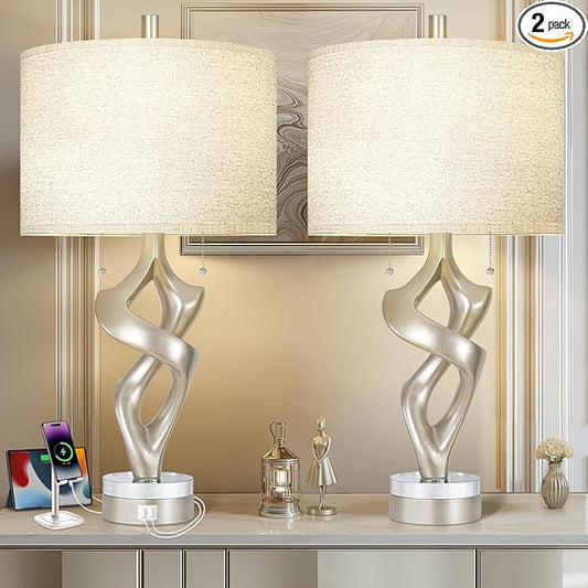 Scenekoy Sculptural Resin Table Lamp Set of 2 with USB Ports for Bedroom Living Room, 26” Antique Silver Leaf Dual Pull Chains Bedside Lamps, Nightstand Lamp for Home Room Decor (Bulbs Included)