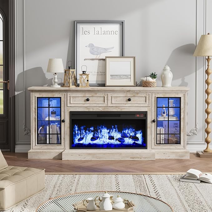 Fireplace TV Stand Up to 80" TVs, 70'' Modern Entertainment Center with 36" Electric Fireplace & LED Lights, Farmhouse Media Console with Storage Cabinet & Drawer for Living Room, Antique Brush Grey