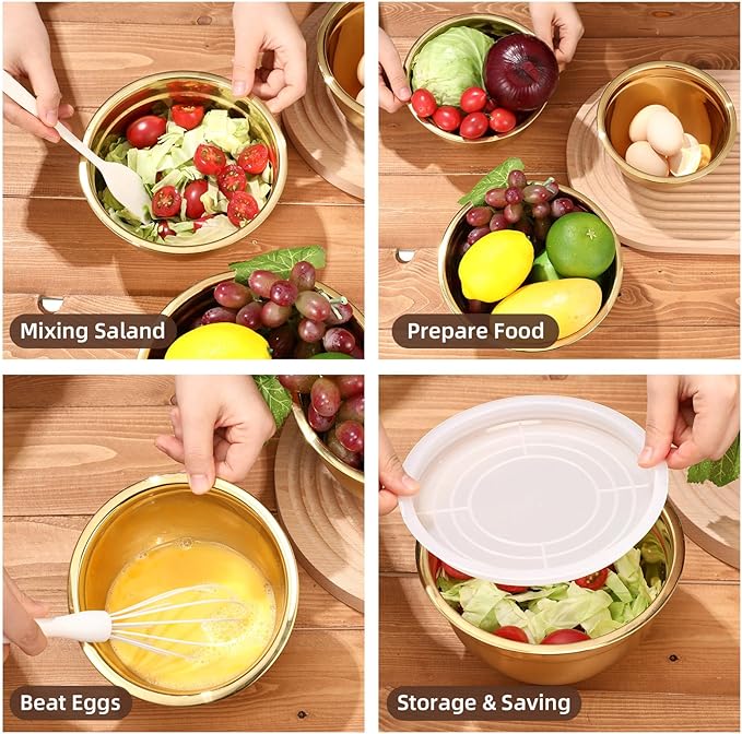 Baderke 7 Pcs Gold Kitchen Accessories Includes Stainless Steel Colander with Handles, 3 Gold Mixing Bowls with Airtight Lids and 3 Fine Mesh Strainer(Colander: 4 Qt, Mixing Bowls: 1/1.5/2 Qt)