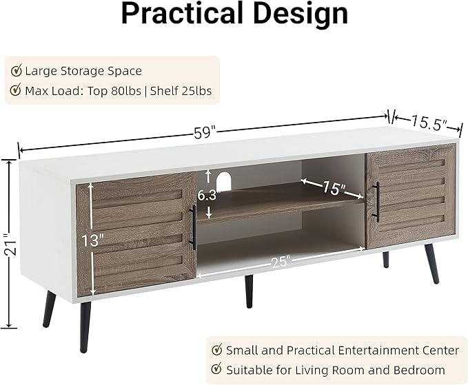 EDYO LIVING Mid Century Modern TV Stand for 65" TV, Wood TV Stand with Storage Cabinet and Open Shelf, Entertainment Center, TV Console Table for Living Room, White Walnut