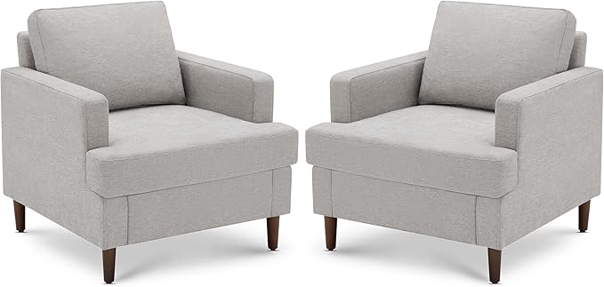 Mid-Century Accent Chair,Modern Linen Fabric Armchair for Living Room,Comfy Upholstered Reading Accent Chairs for Bedroom,Single Sofa Chair with Wood Legs (Light Grey, 2 Pack)
