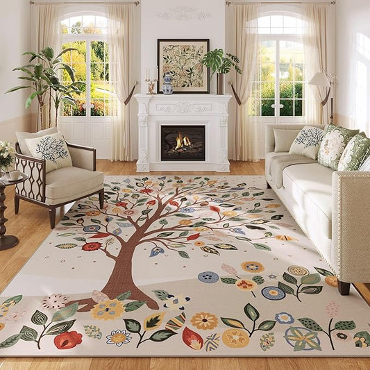Area Rugs 8x10 for Living Room Clearance Bohemian Washable Rug Non Slip Floral Tree Low Pile Large Rug for Bedroom, Farmhouse, Dining Room, Kids Playroom, Beige