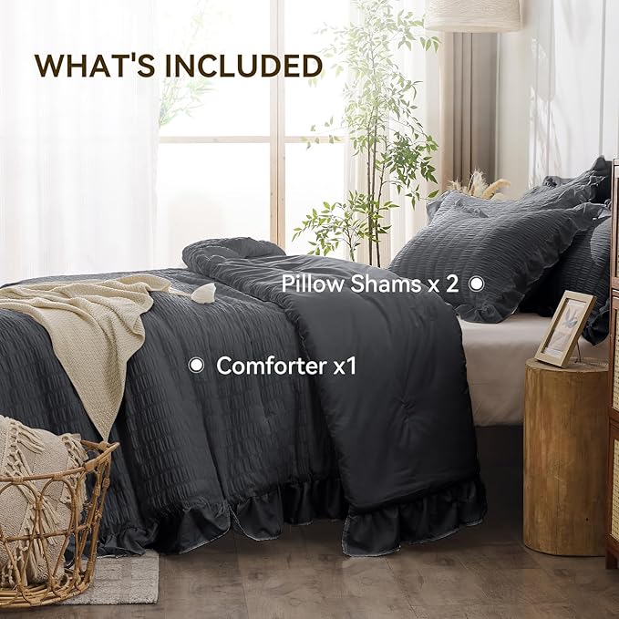 JOLLYVOGUE Dark Gray Queen Comforter Set, 3 Pieces Seersucker Bedding Comforter Sets, All Season Bed in a Bag Queen, Lightweight & Fluffy Queen Bedding Set with 1 Comforter, 2 Ruffle Pillowshams