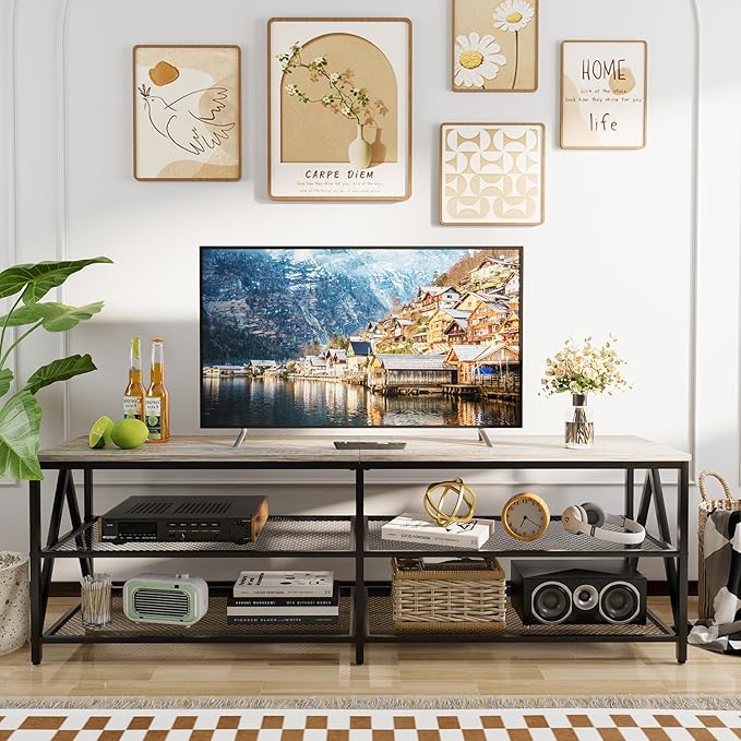 TV Stand for TVs up to 70 Inch, 63" Long Industrial TV Console Table with 3-Tier Storage Shelves, Entertainment Center for Living Room, Bedroom (Gray)