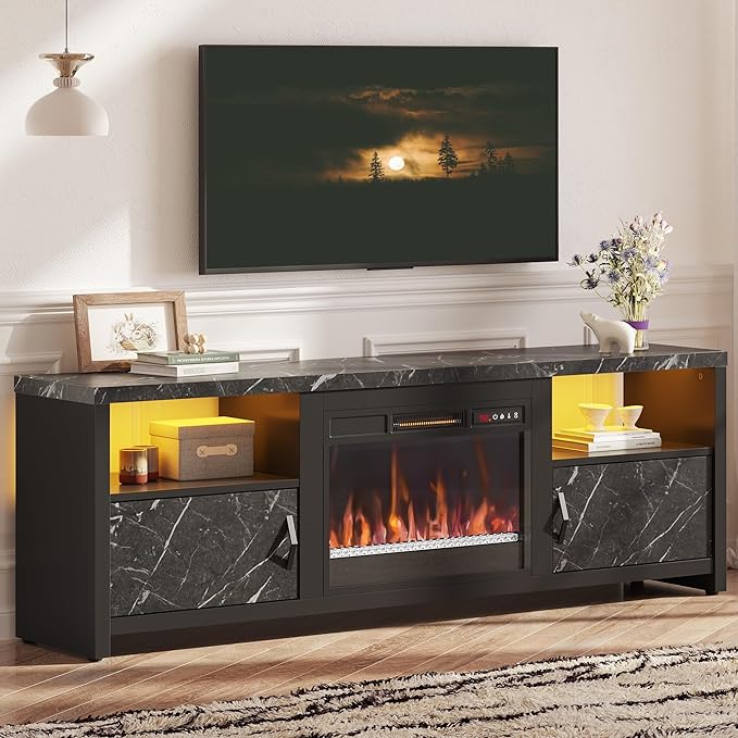 Bestier 70" Electric Fireplace TV Stand for TVs Up to 75", Modern Entertainment Center with Storage Cabinets, LED Lights, Open Shelves and Cable Holes for Living Room, Black Marble