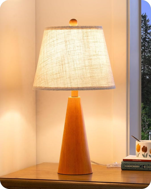 EDISHINE 21.85" Farmhouse Table Lamp, Rustic Bedside Lamp, Water Transfer Rose Wood Grain Metal Base, Beige Linen Shade, Modern Nightstand Light for Living Room, Bedroom, Office, E26 Base