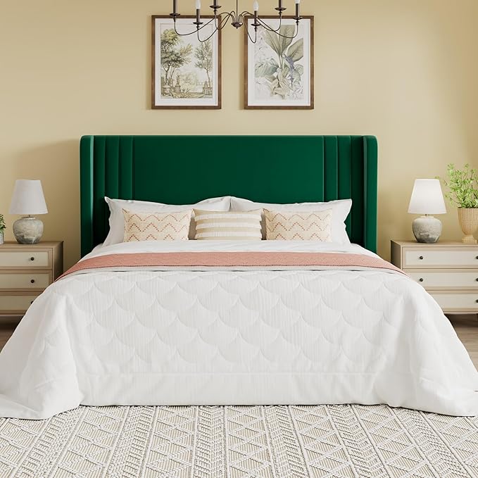 SHA CERLIN Queen Size Velvet Upholstered Platform Bed Frame with Vertical Channel Tufted Wingback Headboard, Wooden Slats Support, Easy Assembly, Under Bed Storage, No Box Spring Required, Green