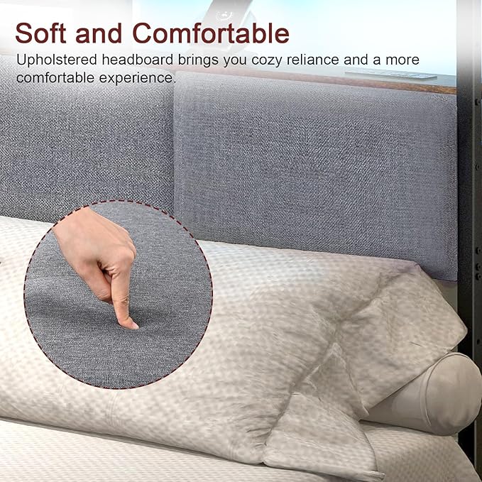 Upholstered Queen Size Headboard with 2 Power Outlets & LED Light, Head Board with Storage Shelves for Bed, Queen Headboard Only, Height Adjustable, Sturdy & Stable, Brown