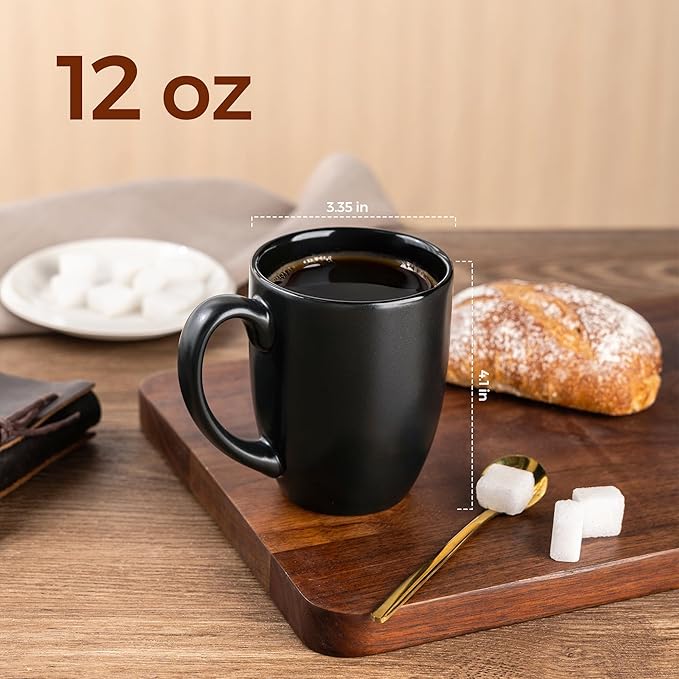 AmorArc 12oz Coffee Mugs Set of 6, Large Coffee Mugs for Men Women Dad Mom, Ceramic Coffee Cups with Large Handle for Tea/Latte/Cappuccino/Cocoa. Dishwasher&Microwave Safe, Matte Black