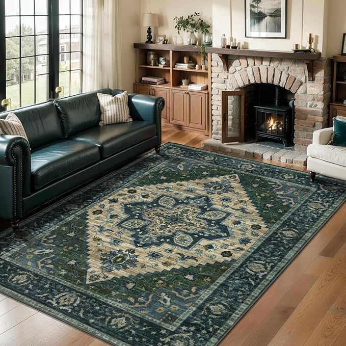Tangsoo 4x6 Washable Rug Vintage Non Slip Indoor, Distressed Carpet for Living Room, Dining Room, Soft Low Pile Rugs Foldable for Bedroom Dorm Bedside Bathroom Green