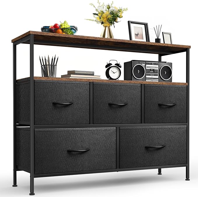 TV Stands for 42 inches TV, TV Stands for Living Room, Entertainment Center with Storage, TV Console with Open Shelves (Black and Rustic Brown)