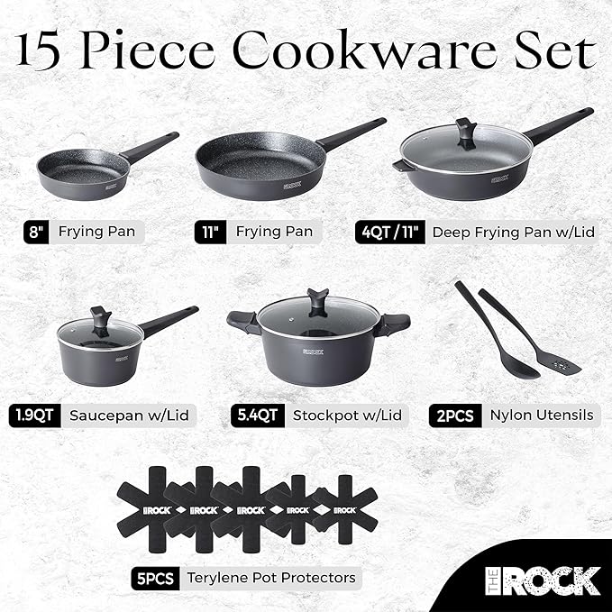 THE ROCK SOHO 15Pcs Cookware Set – Pots and Pans Set Non Stick with ROCK.TEC – Compact for Urban Kitchens, Nothing Sticks, Never Warps, Lasts Longer, Induction & Dishwasher Safe, Black
