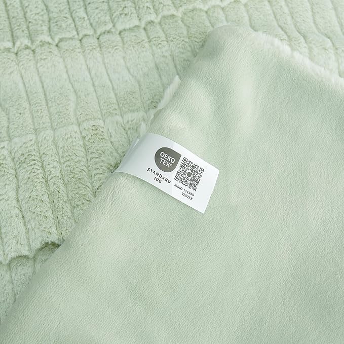 Amélie Home Luxury Striped Faux Fur Throw Blanket for Couch, Embossed Split Fur Cozy Fuzzy Fluffy Luxurious Soft Plush Sofa Chair Bed Gift Blankets for Women Men Wife Friend, 88"x90", Sage Green