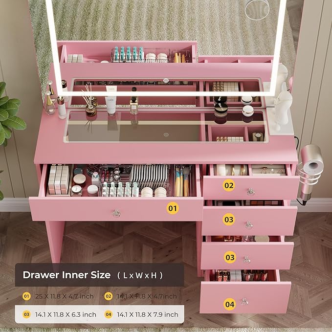 39" Vanity Desk with Mirror and Lights, 5 Drawers Makeup Vanity Desk with Tempered Glass top, 3 Lighting Modes Adjustable Brightness, Pink Vanity with Magnetic 5X Magnifier for Bedroom