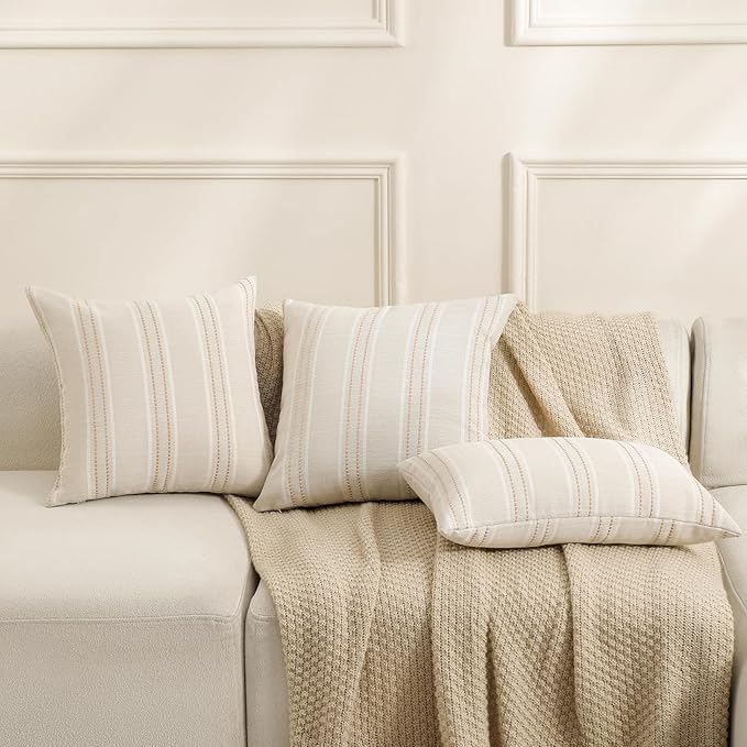 Hckot Throw Pillow Covers 12x20 Set of 2 Striped Pillow Covers Textured Linen Decorative Pillows Lumbar Cushion Covers for Sofa Couch Bed Living Room Farmhouse Decor, Khaki