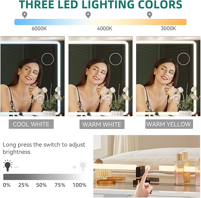 YITAHOME LED Makeup Vanity Table, Glass Top Vanity Desk with Hidden Storage Stool, Vanity with Built-in Power Outlets and USB Ports