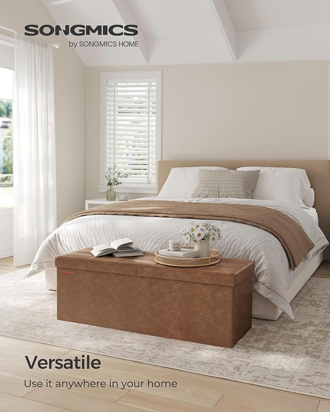 SONGMICS MAZIE Collection - 43 Inches Storage Ottoman Bench with Flipping Lid, Storage Chest with Iron Frame Support, Load 660 lb, for Living Room, Bedroom, Synthetic Leather, Coffee Brown ULSF075K01