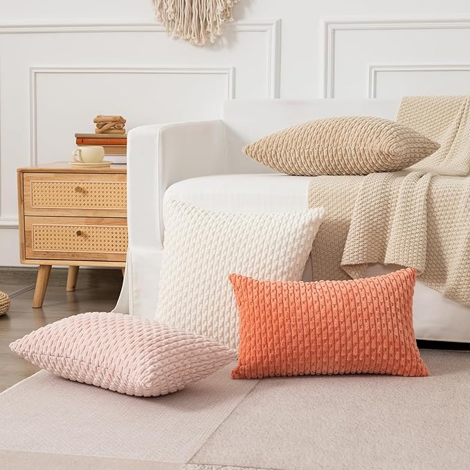 Kevin Textile Throw Pillow Covers Soft Corduroy Decorative Set of 2 Boho Striped Pillow Covers Pillowcases Farmhouse Home Decor for Couch Bed Sofa Living Room 12x20 Inch Beige