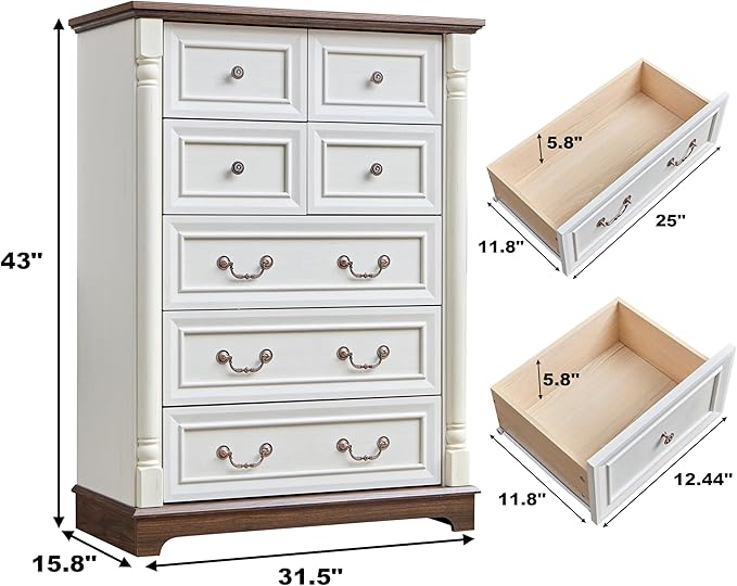 Farmhouse Tall 7 Drawer Dresser with Deep Drawers and Roman Column, Antique White Dressers & Chest of Drawers for Bedroom Storage