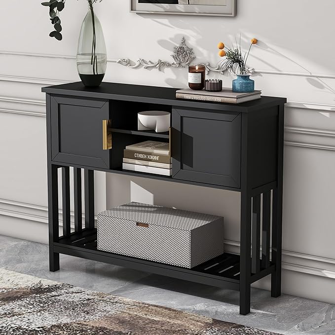 Entryway Console Table with 2 Doors & Storage & Shelf, Sofa Table Entrance Entry Way Table, Hallway Foyer Behind Couch Table (Black with 2 Doors)