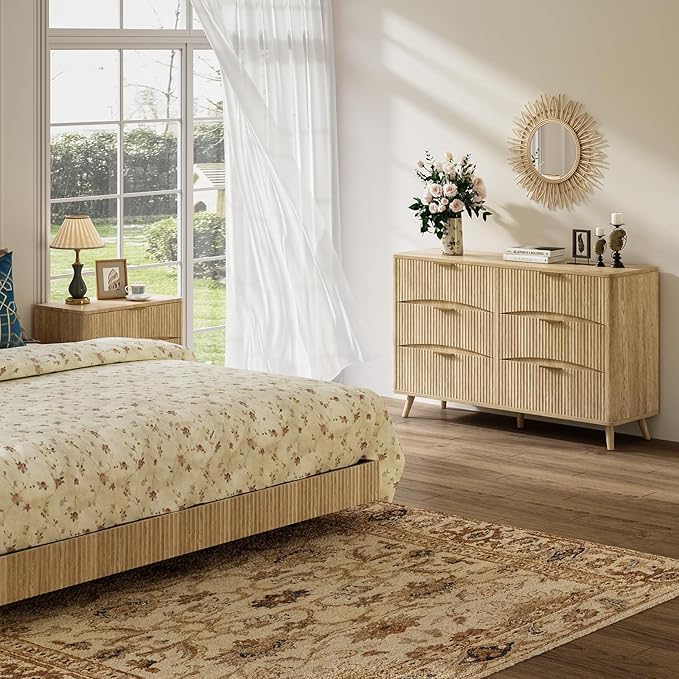 55" Wide Fluted 6 Drawer Dresser, Mid Century Modern Curved Dresser, Light Wood Chest of Drawers for Bedroom, Living Room and Entryway, Natural Oak