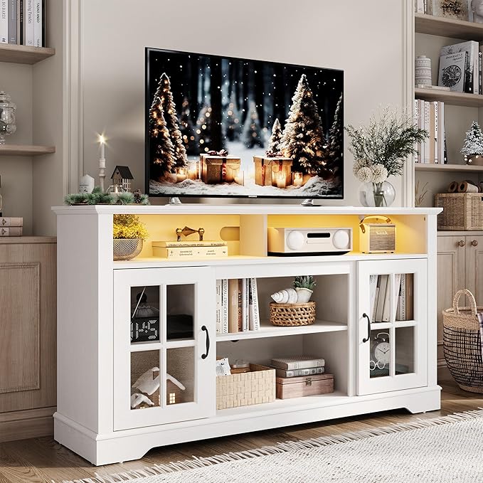 LINSY HOME TV Stand for 65 Inch TV, 32" Tall Entertainment Center with LED Lights and Glass Door Storage Cabinet, Modern Farmhouse Wood TV Media Console Table for Living Room, Bedroom, White