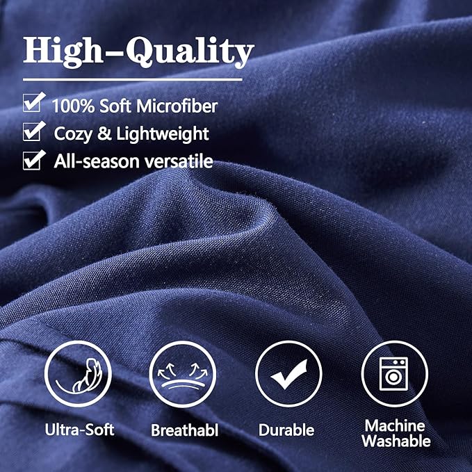 Yogeneg King Size Comforter Set 7 Piece Bed in a Bag,Grid Pinch Pleat Navy Blue Bedding Set,Striped Textured Soft Microfiber Comforter with Sheet Set,All Season Complete Bed Set(Navy Blue,King)