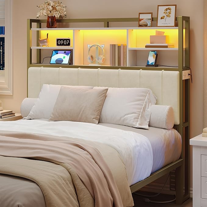 Headboard with 3-Tier Storage Shelves, Velvet Upholstered Head Board with 2 Outlets, USB Ports & LED Light, Soft Backrest for Full Size Bed, White and Gold BH13803A