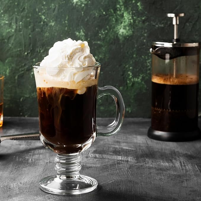 PARNOO Irish Coffee Mugs - 8 oz with Handle & Footed Stem Base - Clear Glasses for Tea, Coffee & Hot Chocolate, Heavy Duty Set of 4