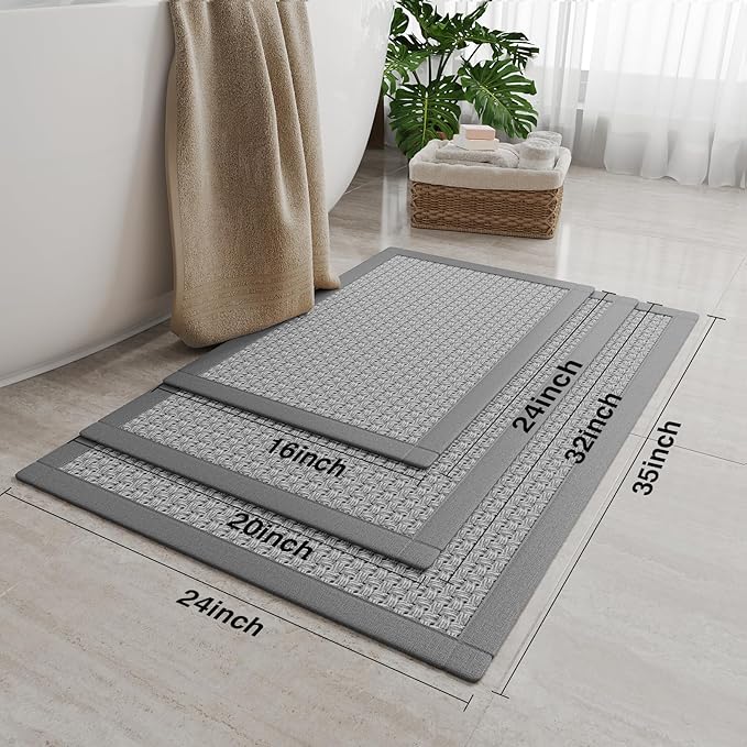 Ultra Thin Quick Dry Bathroom Rugs Mat 24x36, Non Slip Bath Mat for Bathroom Absorbent Bath Mat Floor Rubber Backed Fit Under Door, Woven Washable Bath Rugs, Gray