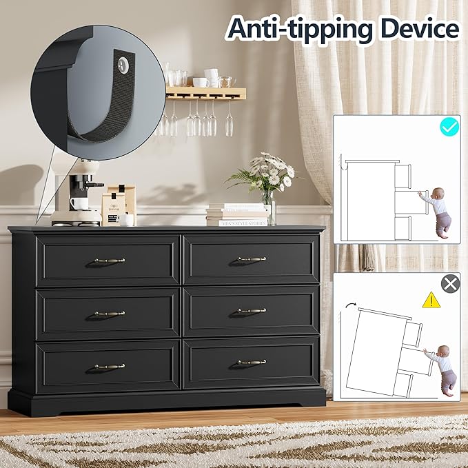 Dresser for Bedroom with 6 Drawer, Farmhouse Dresser for Closet, 53'' Wide Rustic Wooden Chest of Drawers with Natural Wood Texture, Vintage Storage Organizer for Living Room, Hallway, Black