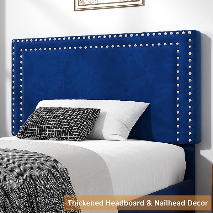 VECELO Twin Size Platform Bed Frame with Adjustable Upholstered Headboard, Strong Wood Slat Support, No Box Spring Needed, Easy Assembly