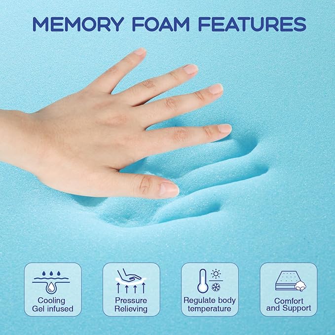 VALUXE Queen Mattress Topper 4 Inch Cooling Gel Memory Foam, CertiPUR-US Certified Topper & Pad for Back Pain Relief, Soft Breathable Bedding with Pressure Relief (Blue)