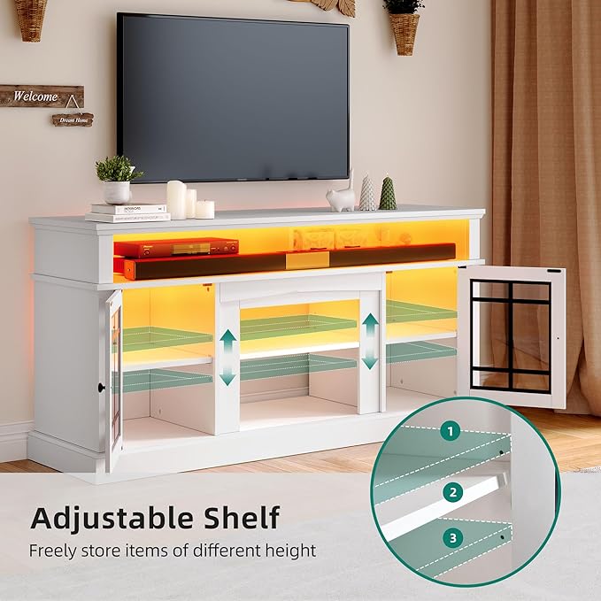 YITAHOME White TV Stand for 75 Inch TV, LED Modern Entertainment Center with Adjustable Shelves and Glass Doors, 32'' Tall Television Stands TV Media Console Table for Living Room, White