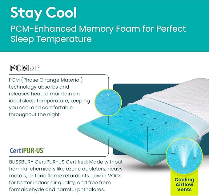 BLISSBURY 2.2 Inch Super Thin Pillow for Sleeping | Cool-to-Touch Premium Memory Foam Flat Pillow for Stomach Sleeper | for Back & Stomach Sleeper | Certified Foam for Neck and Back Support |