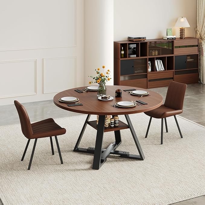 45.3" Round Walnut Dining Table for 4 – Mid-Century Modern Pedestal Table for Kitchen, Dining Room, Small Apartment or Breakfast Nook