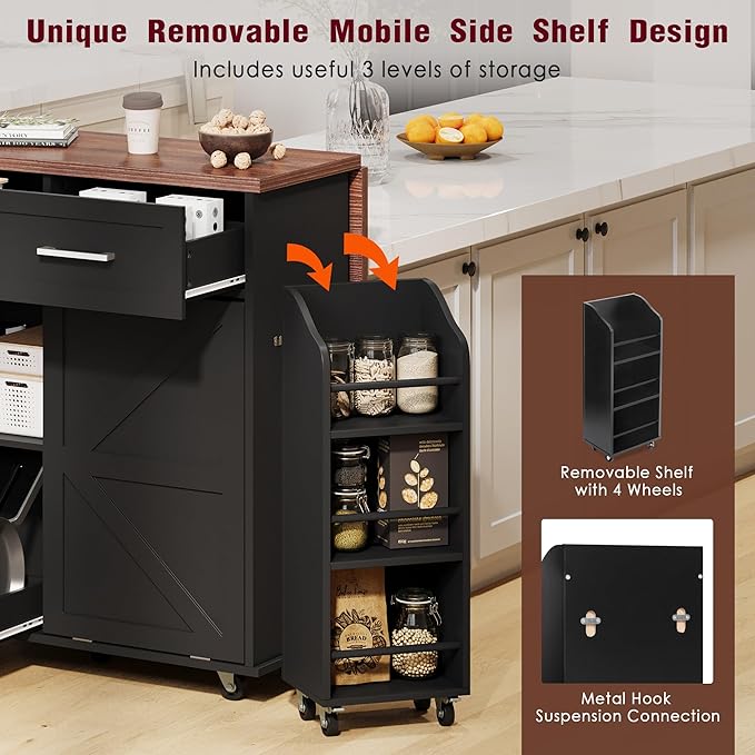 Farmhouse Kitchen Island with Drop Leaf & Wheels, 47.2" Rolling Kitchen Cart with Removable Side Racks, 2 Drawers, Towel Hooks & Trash Bin Cabinet for Small Space, Dining Room, Rustic Home Decor