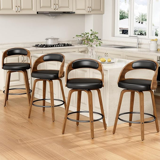 Swivel Bar Stools Set of 4, 26" Counter Height Bentwood Barstool, Mid-Century Modern PU Leather Upholstered Bar Chair with Back and Footrest, for Kitchen Island, Bar, Cafe, Dining Room, Black