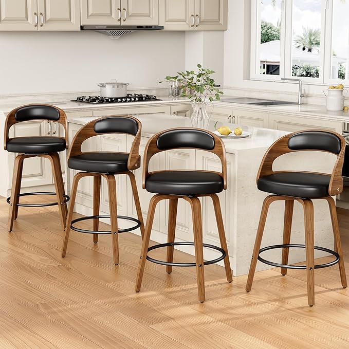 Swivel Bar Stools Set of 3, 26" Counter Height Bentwood Barstool, Mid-Century Modern PU Leather Upholstered Bar Chair with Back and Footrest, for Kitchen Island, Bar, Cafe, Dining Room, Black