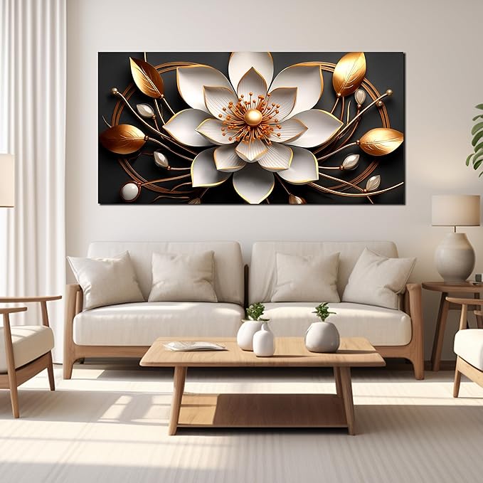 Large Artwork Canvas Wall Art for Living Room Office Room Bedroom Decor Wall Painting White and Gold Flowers Picture Modern Decorative Painting with Frame Ready to Hang Canvas Decor Size 30x60