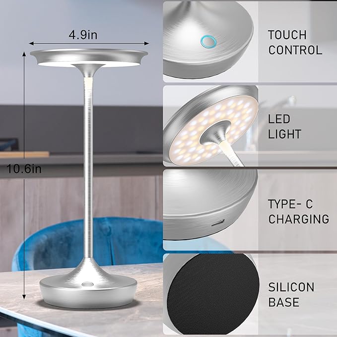 YHT Cordless Table Lamp, Restaurant Bedroom LED Rechargeable Stepless Dimming Desk Lamp, Outdoor Patio Portable 6000mAh IP54 Waterproof Table Light (Sliver 2Pack)